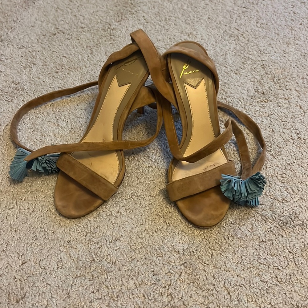 Brian‎ Atwood Tan Tiana Kid Suede Lace Up Sandal Heels Pumps Size 7.5
